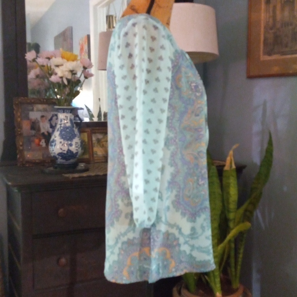 Ann Taylor Aqua and Lavender Paisley Print Boho Sheer Peasant Blouse - Picture 6 of 14